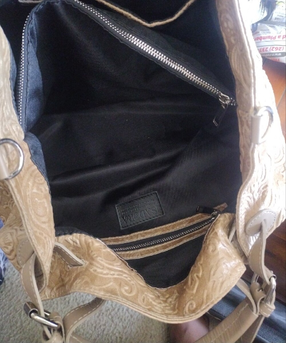 Isadora Italian Leather Embossed Floral Tote Handbag - Beige - Picture 9 of 11